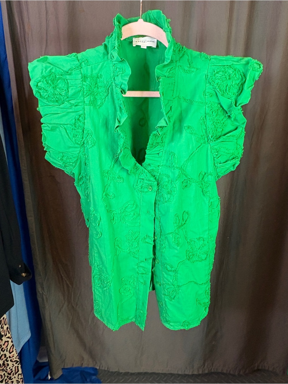 entro Emerald Green Ruffle Sleeve Embroidered Blouse